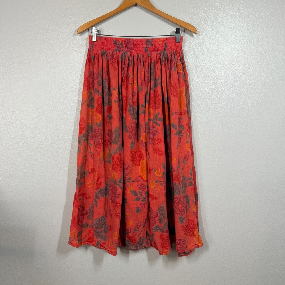 Avon Fashions Skirt Womens Medium Red Floral Midi Gauze Cotton Vintage 80s Boho